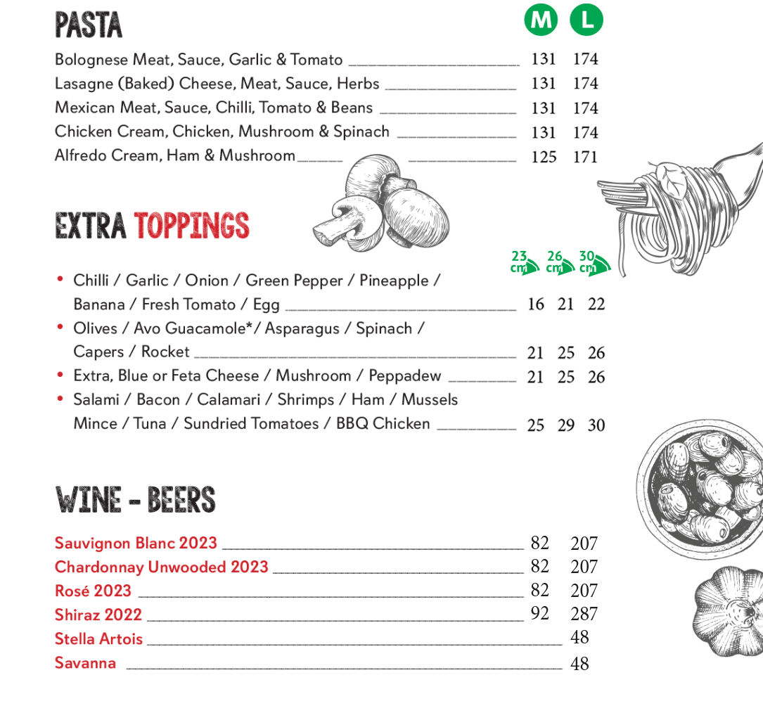 Majik Pizza pasta menu